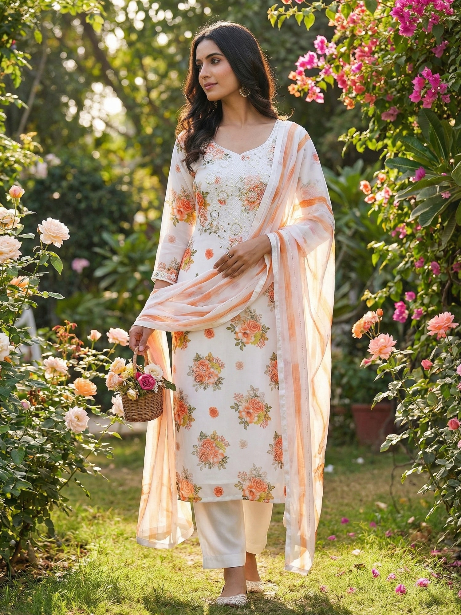 White & Orange Floral Sequins Embroidered Georgette Dress Material With Artistic Digital Prints