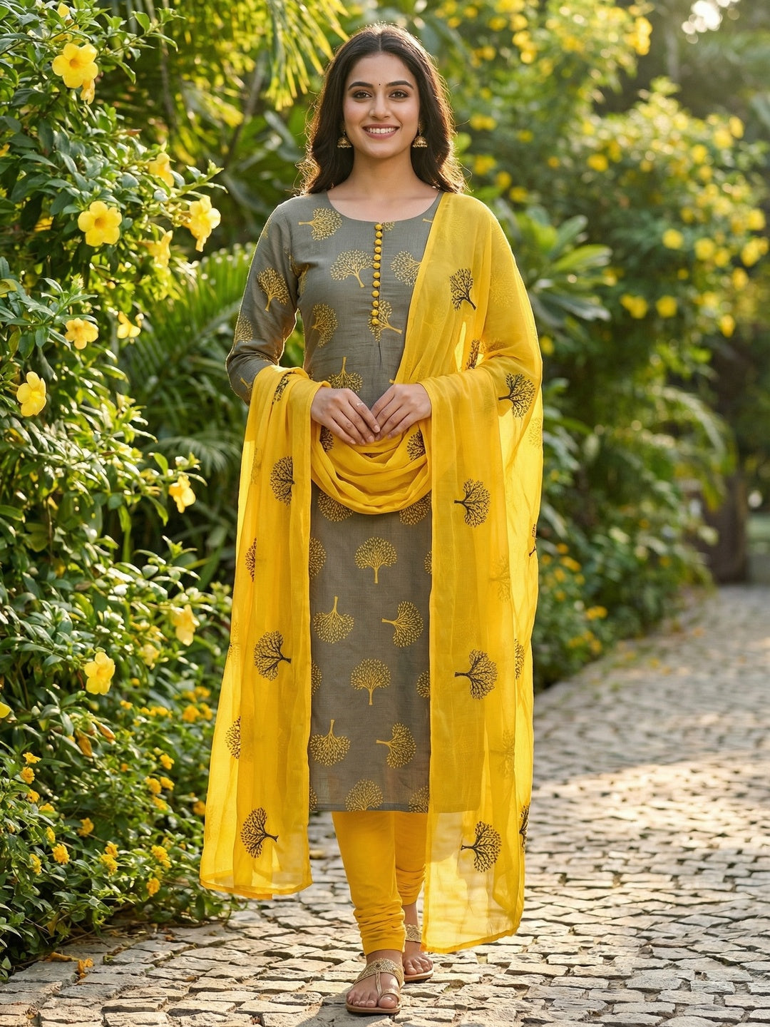 Grey Printed Cotton Dress Material