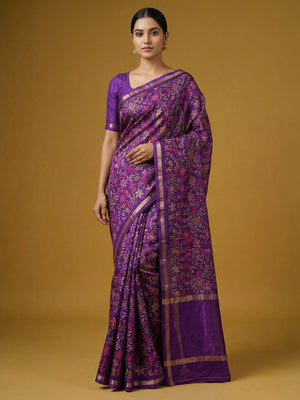 Purple Kashmiri Inspired Floral Printed Tussar Silk Saree for Ethnic Occasions
