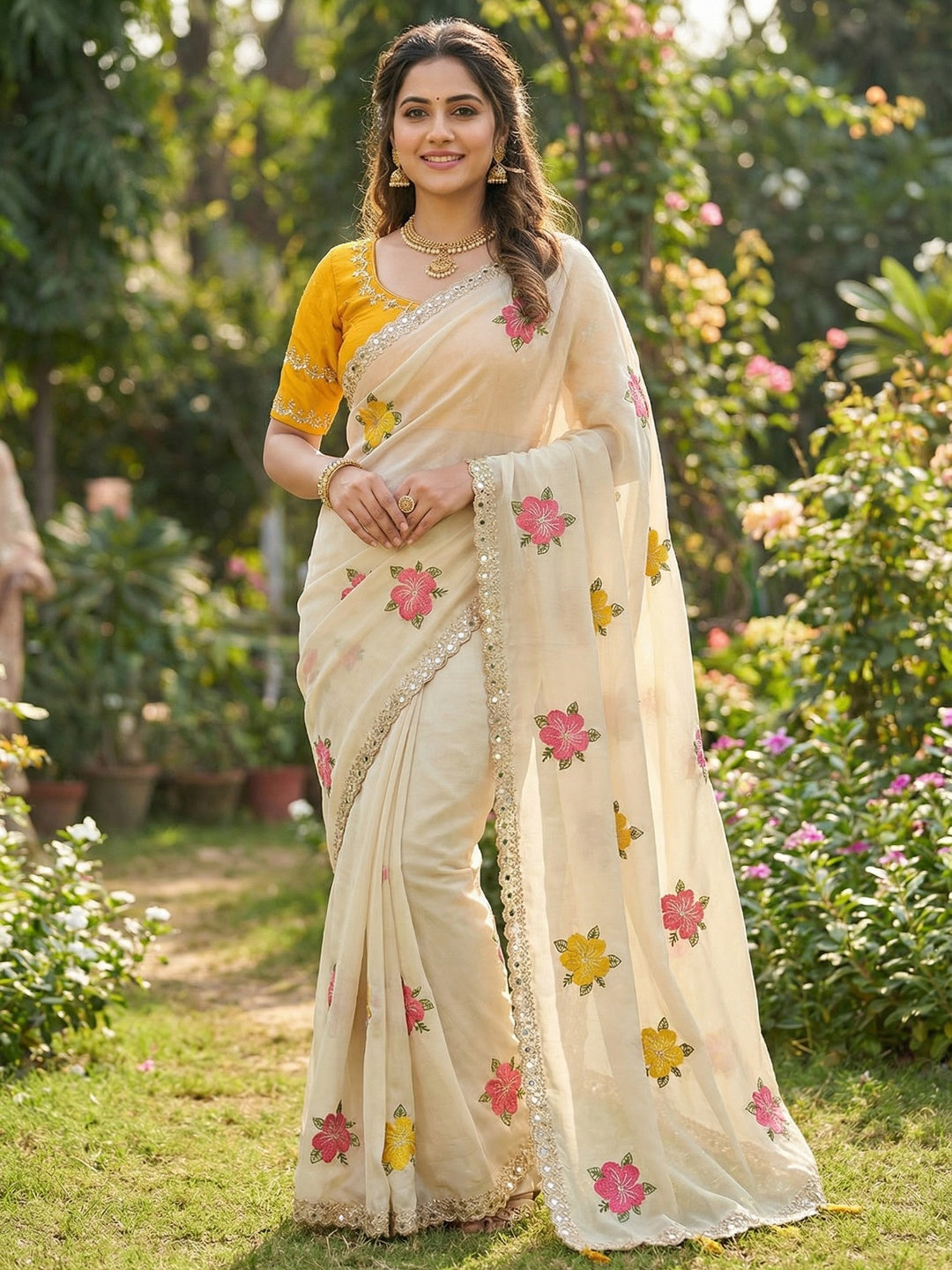 Cream Floral Thread Work Saree Silk Blend Beautiful Mirror Border Festive Glamour