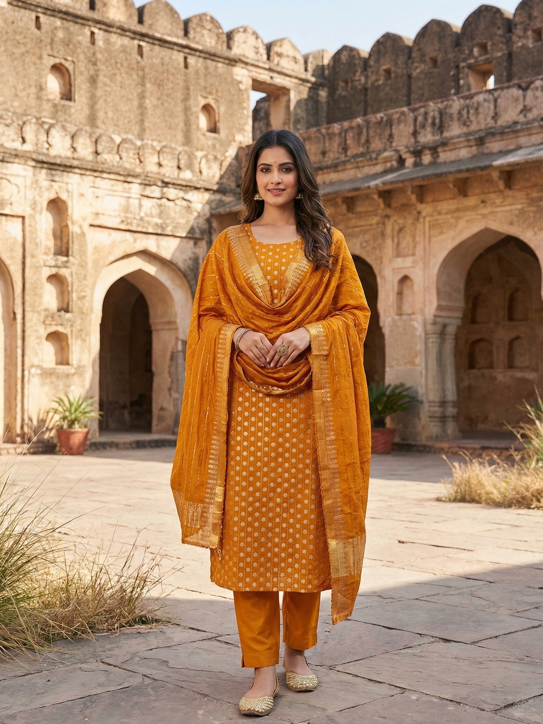 Redefine Elegance with this Mustard Floral Woven With Sequins Embroidered Banarasi Jacquard Dress Material