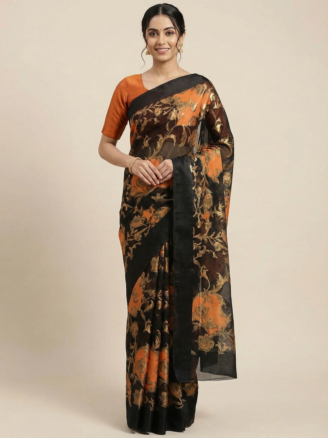 Black & Orange Foil Printed Brasso Saree for Party Wear