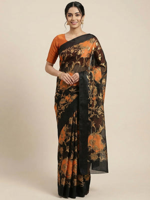 Black & Orange Foil Printed Brasso Saree for Party Wear