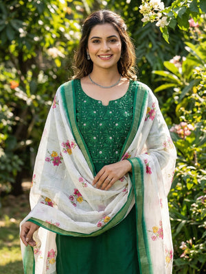 Elegant Green Floral Thread Embroidered Tussar Silk Dress Material Adorned with Sequins Work
