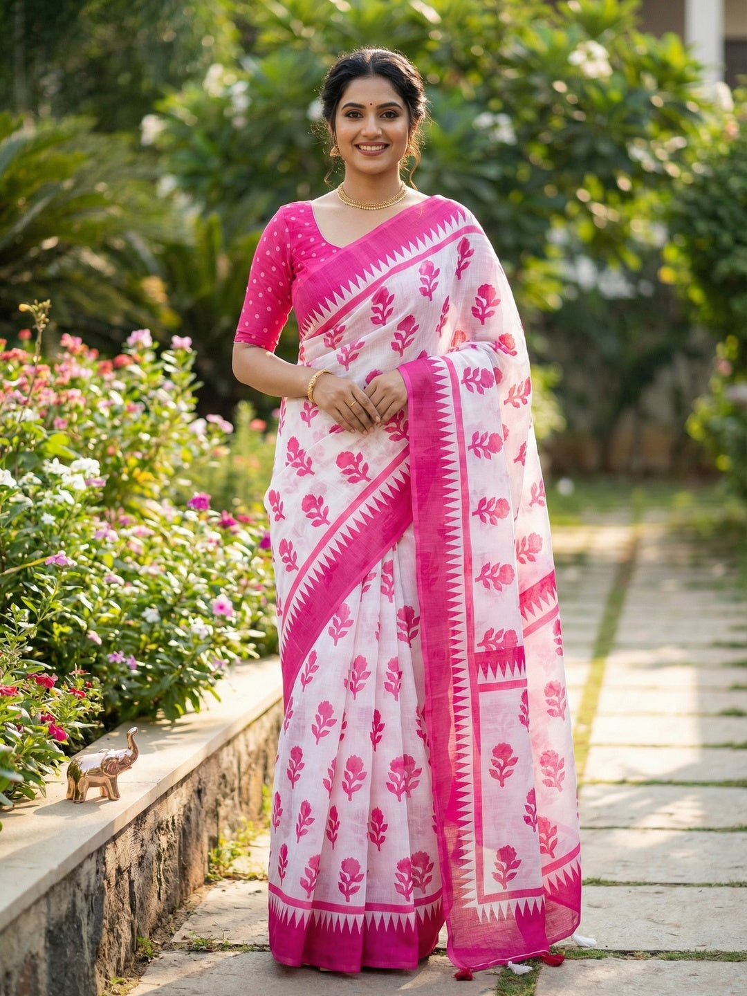 Pink Floral Printed Linen Saree with Blouse Piece - Image 3