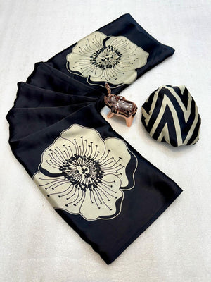 Timeless elegance in this black satin saree adorned with delicate floral prints - Image 2