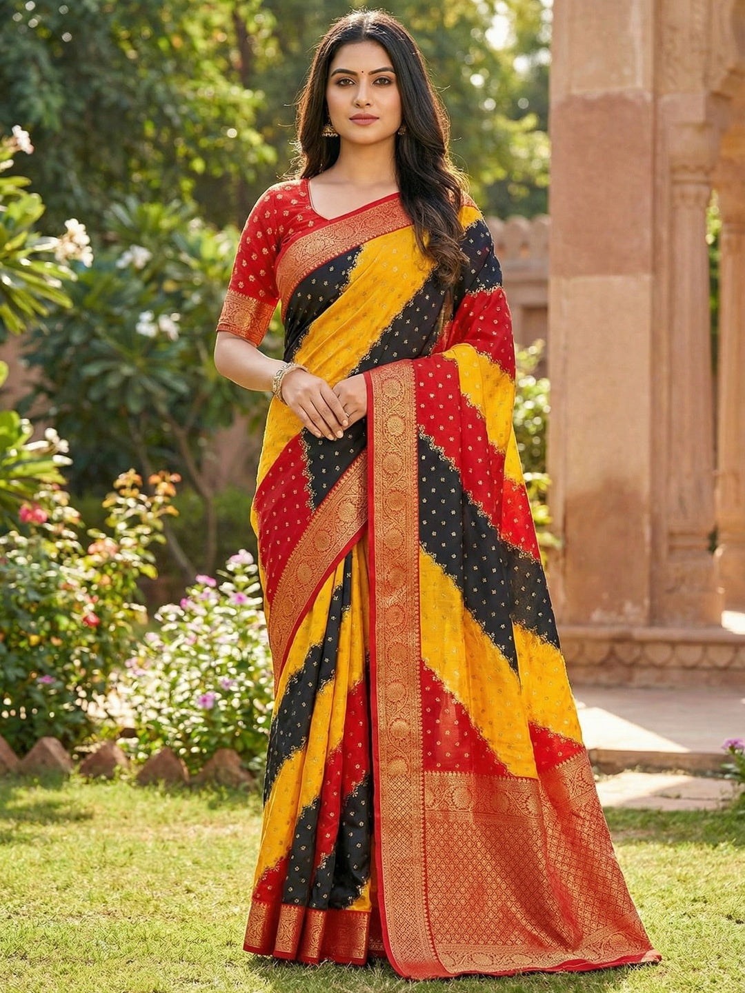 Striped Multicolor Georgette Saree with Zari Woven Border - Image 4