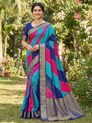 Vibrant Multicolor Striped Georgette Saree with Rich Zari Border - Image 1