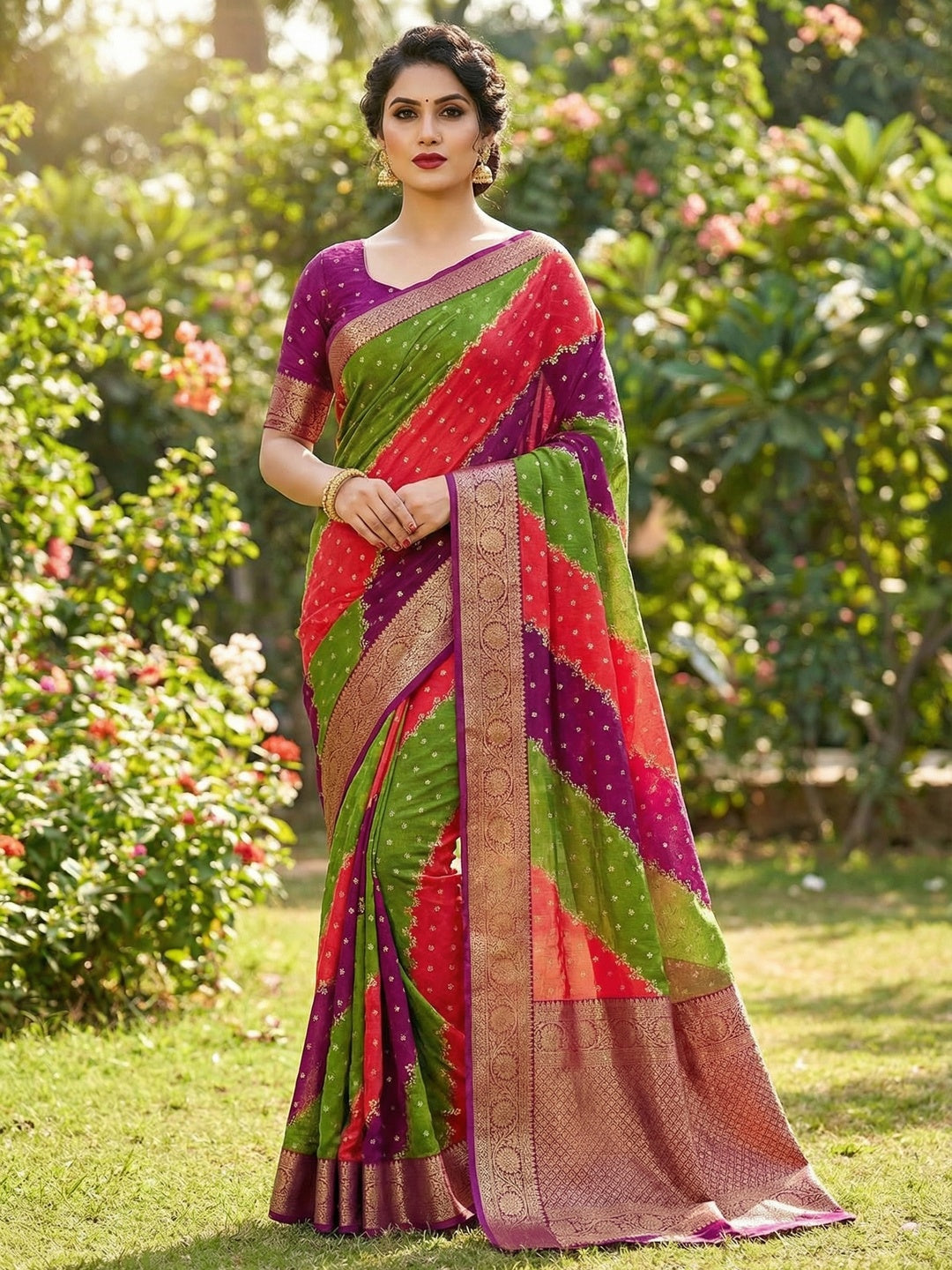 Multicolor Striped Georgette Saree Enhanced with Zari Weaving - Image 1