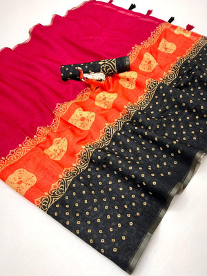 Pink Linen Saree with Printed Border and Pallu - Image 2