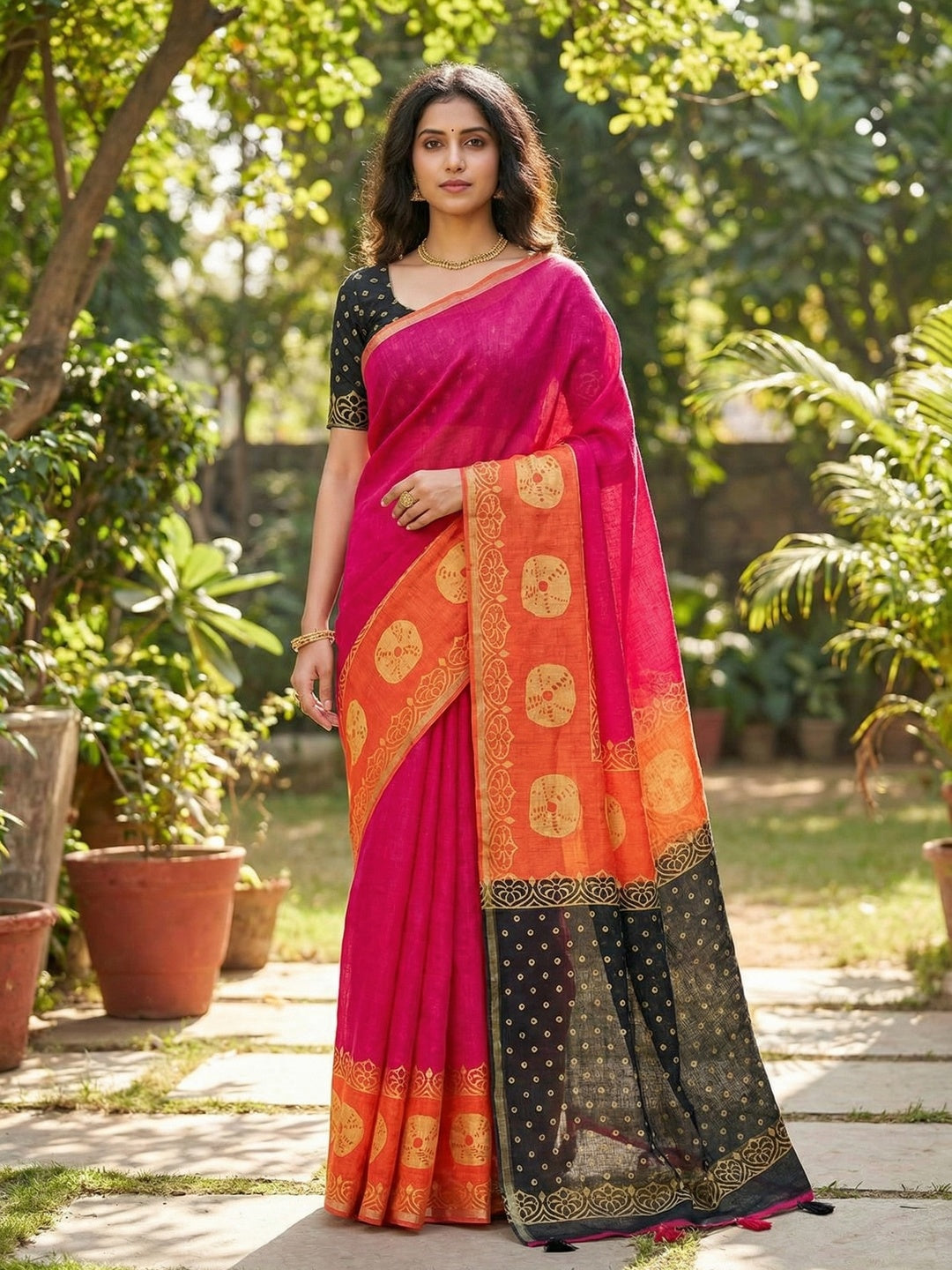 Pink Linen Saree with Printed Border and Pallu - Image 1
