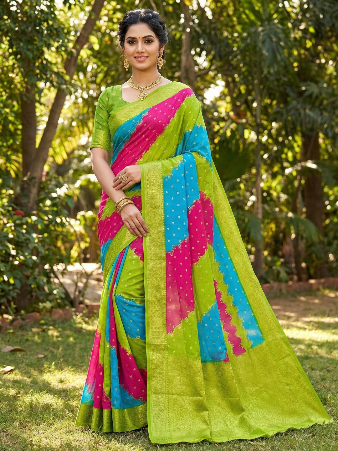 Bold Multicolor Striped Georgette Saree Highlighted with Zari Border - Image 2