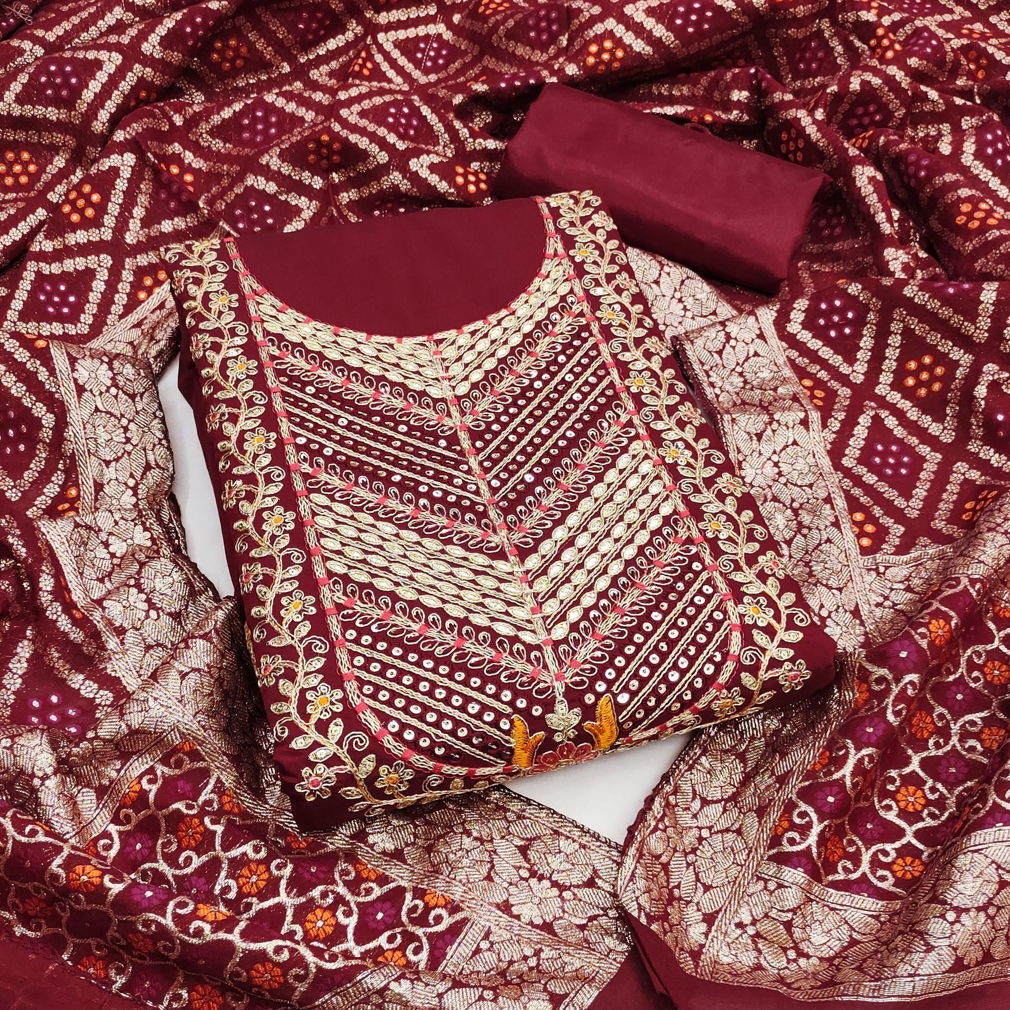 Graceful Maroon Cotton Silk Dress Material With Floral Cording Embroidery & Sparkling Sequins - Image 2
