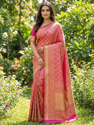 Rani Pink Floral Woven Lichi Banarasi Silk Saree