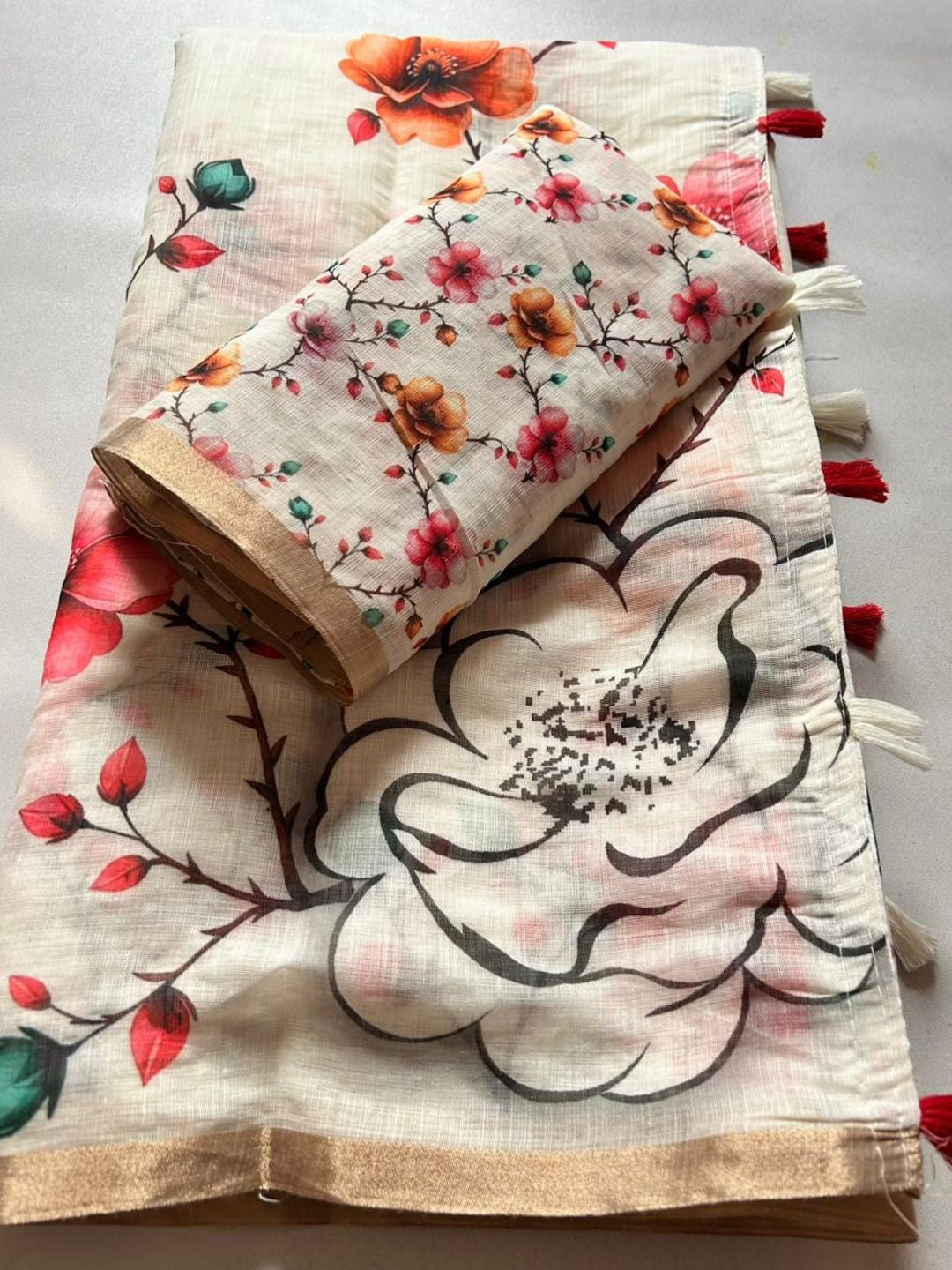 Timeless Off-White Linen Cotton Saree Adorned with Delicate Floral Prints - Image 2