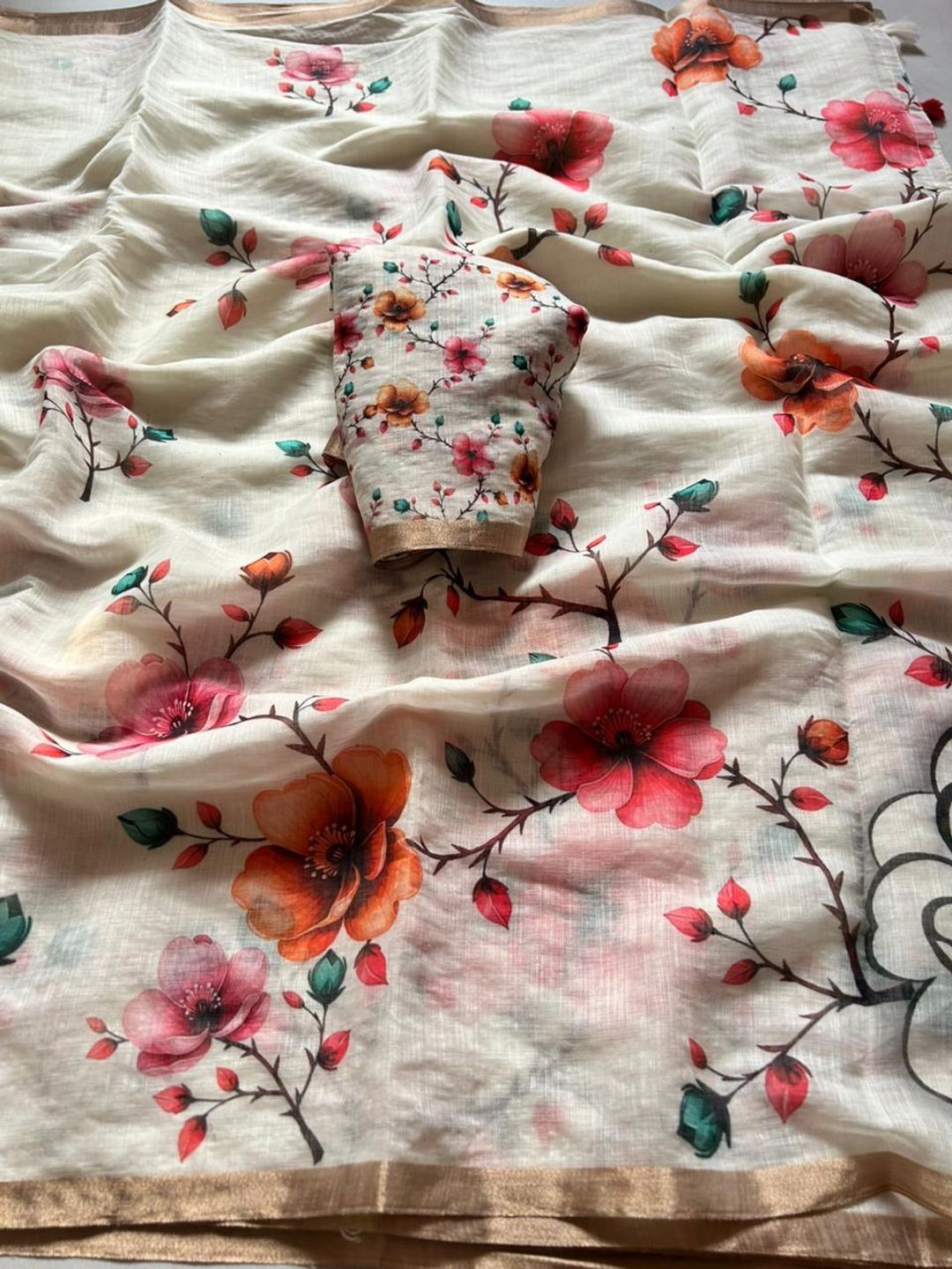 Timeless Off-White Linen Cotton Saree Adorned with Delicate Floral Prints - Image 3