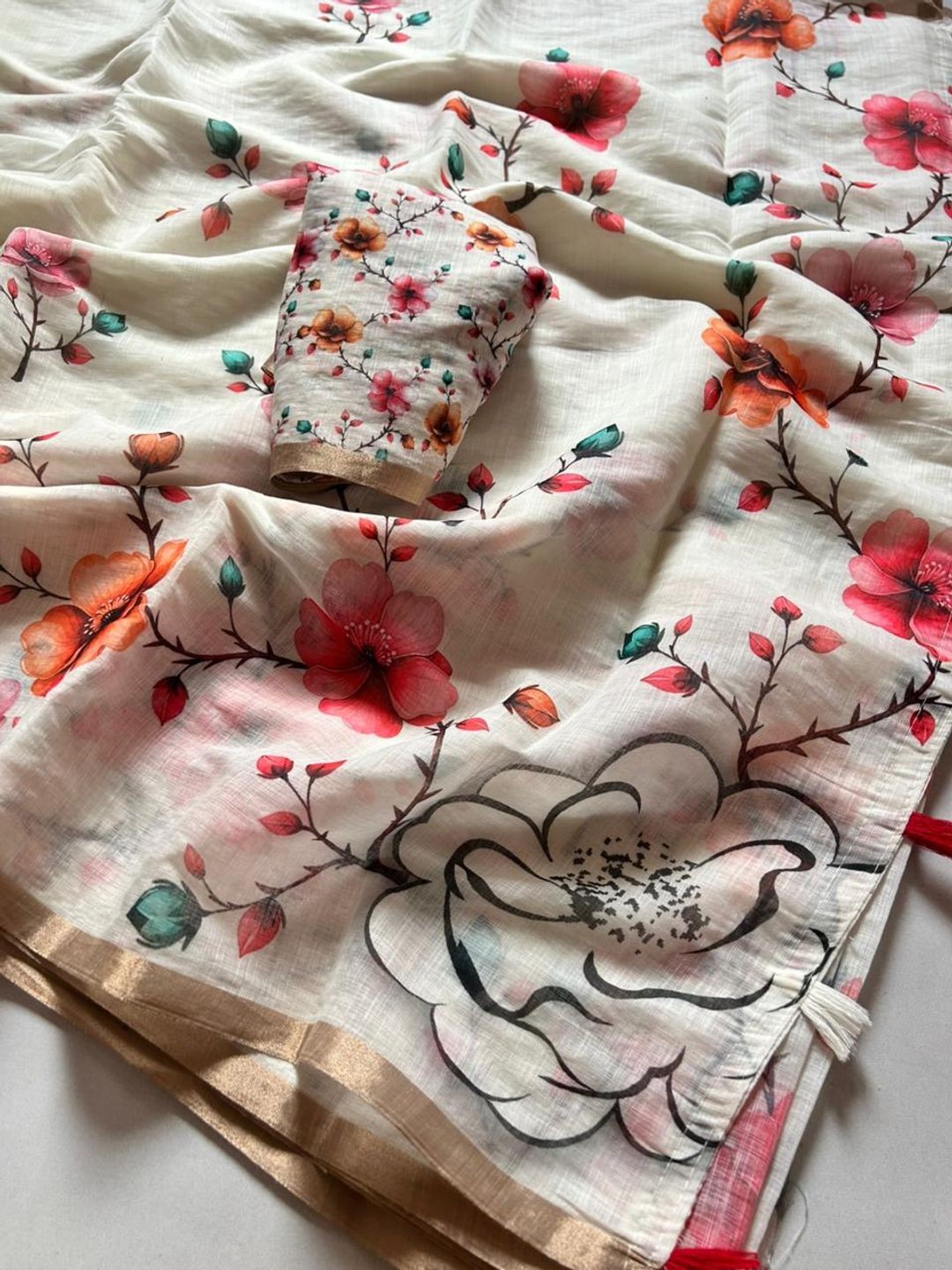 Timeless Off-White Linen Cotton Saree Adorned with Delicate Floral Prints - Image 3