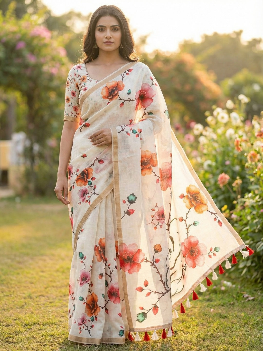 Timeless Off-White Linen Cotton Saree Adorned with Delicate Floral Prints - Image 1