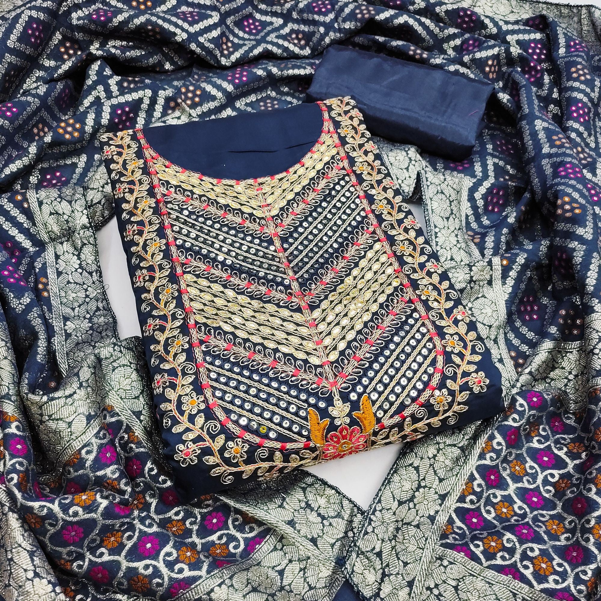 Graceful Navy Blue Cotton Silk Dress Material With Floral Cording Embroidery & Sparkling Sequins - Image 1