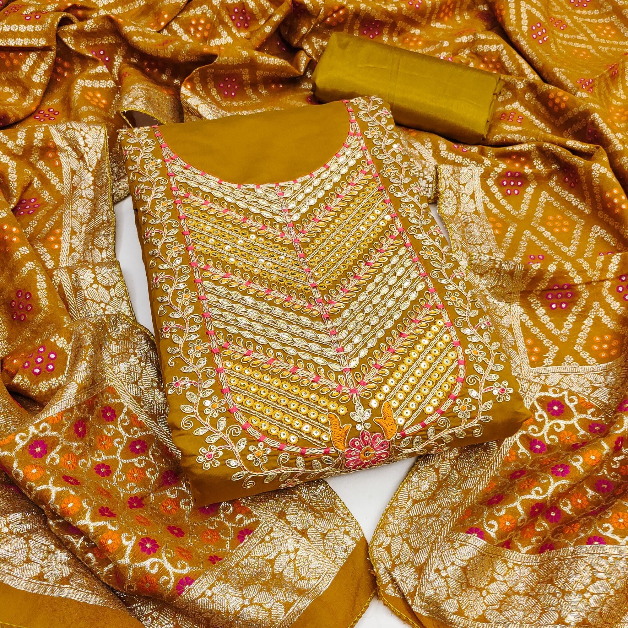 Graceful Mustard Cotton Silk Dress Material With Floral Cording Embroidery & Sparkling Sequins - Image 2
