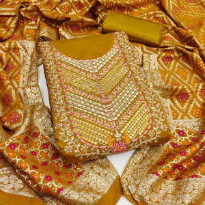 Graceful Mustard Cotton Silk Dress Material With Floral Cording Embroidery & Sparkling Sequins - Image 2