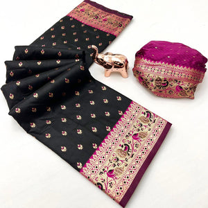 Black Traditional Banarasi Silk Saree with Rich Zari Weaving and Timeless Elegance - Image 2