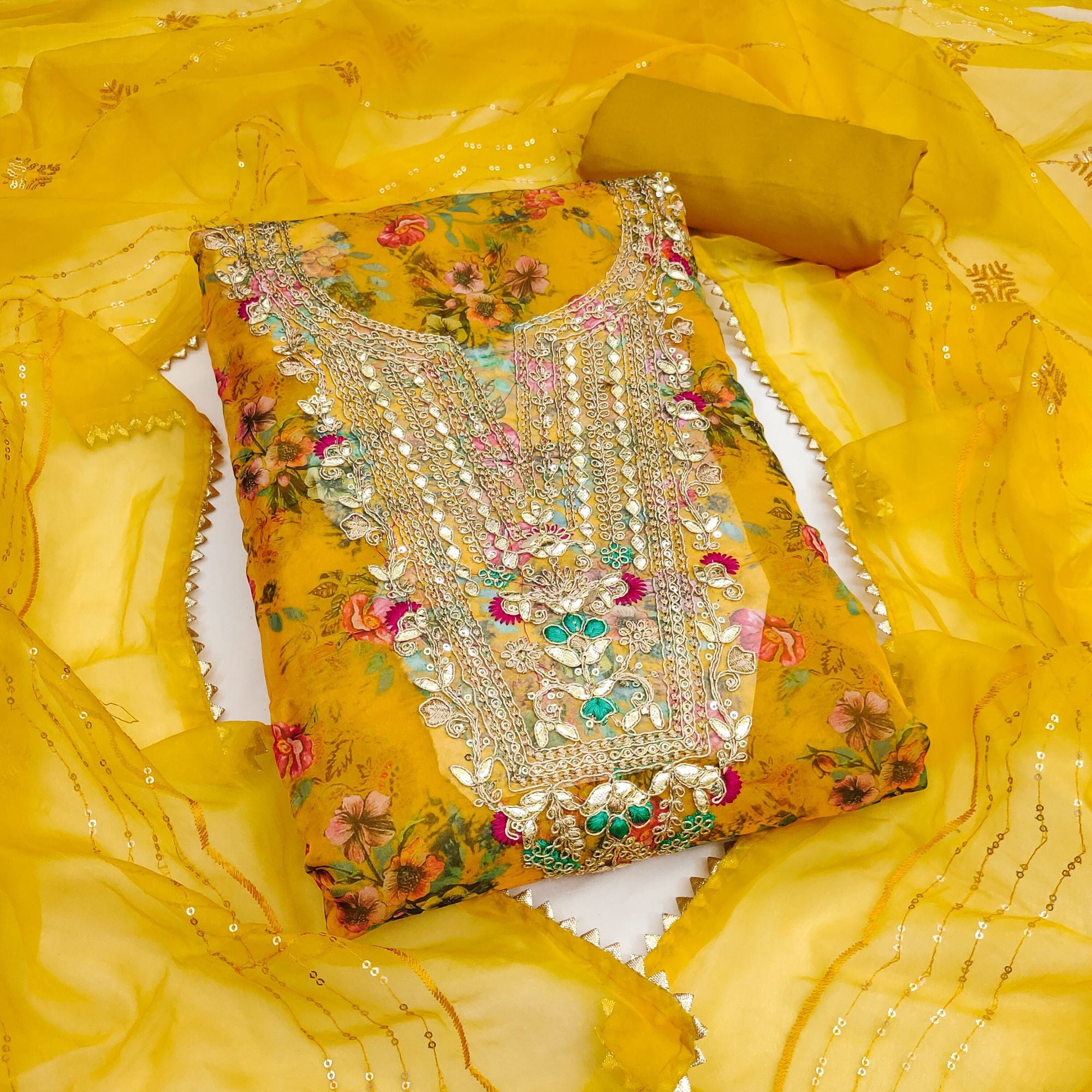 Classic Mustard Floral Digital Printed Organza Dress Material With Designer Cording Embroidery - Image 1