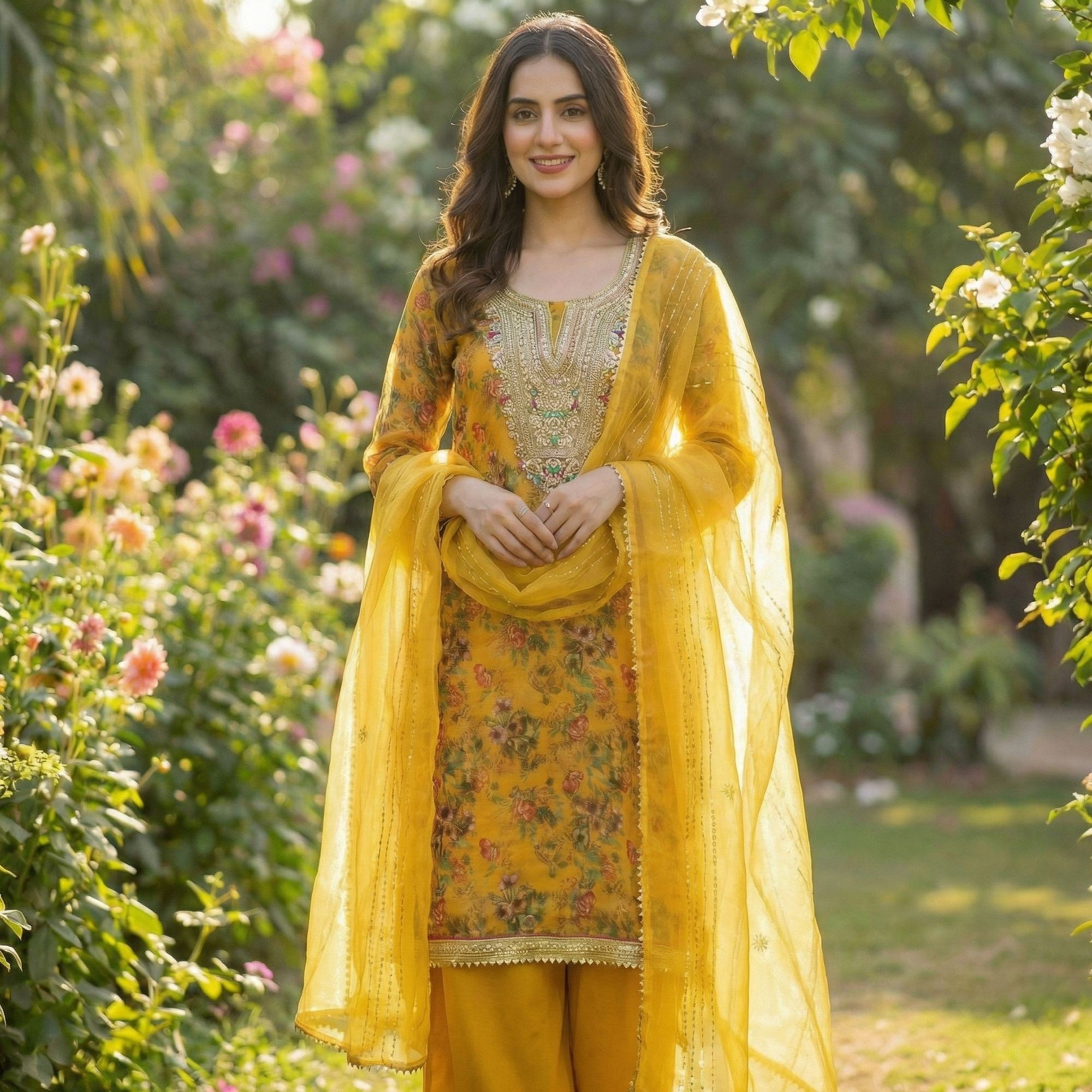 Classic Mustard Floral Digital Printed Organza Dress Material With Designer Cording Embroidery - Image 1