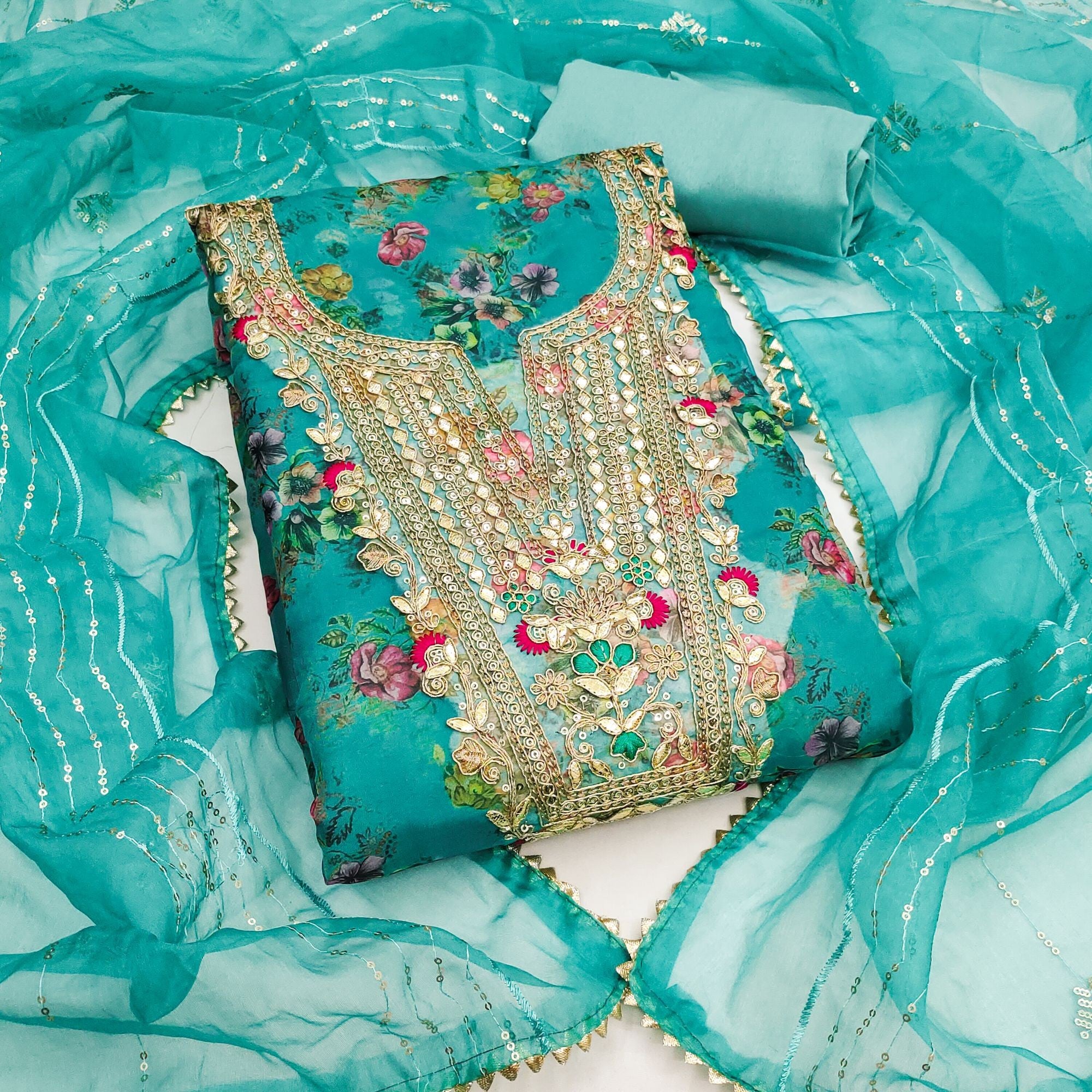 Classic Turquoise Floral Digital Printed Organza Dress Material With Designer Cording Embroidery - Image 4