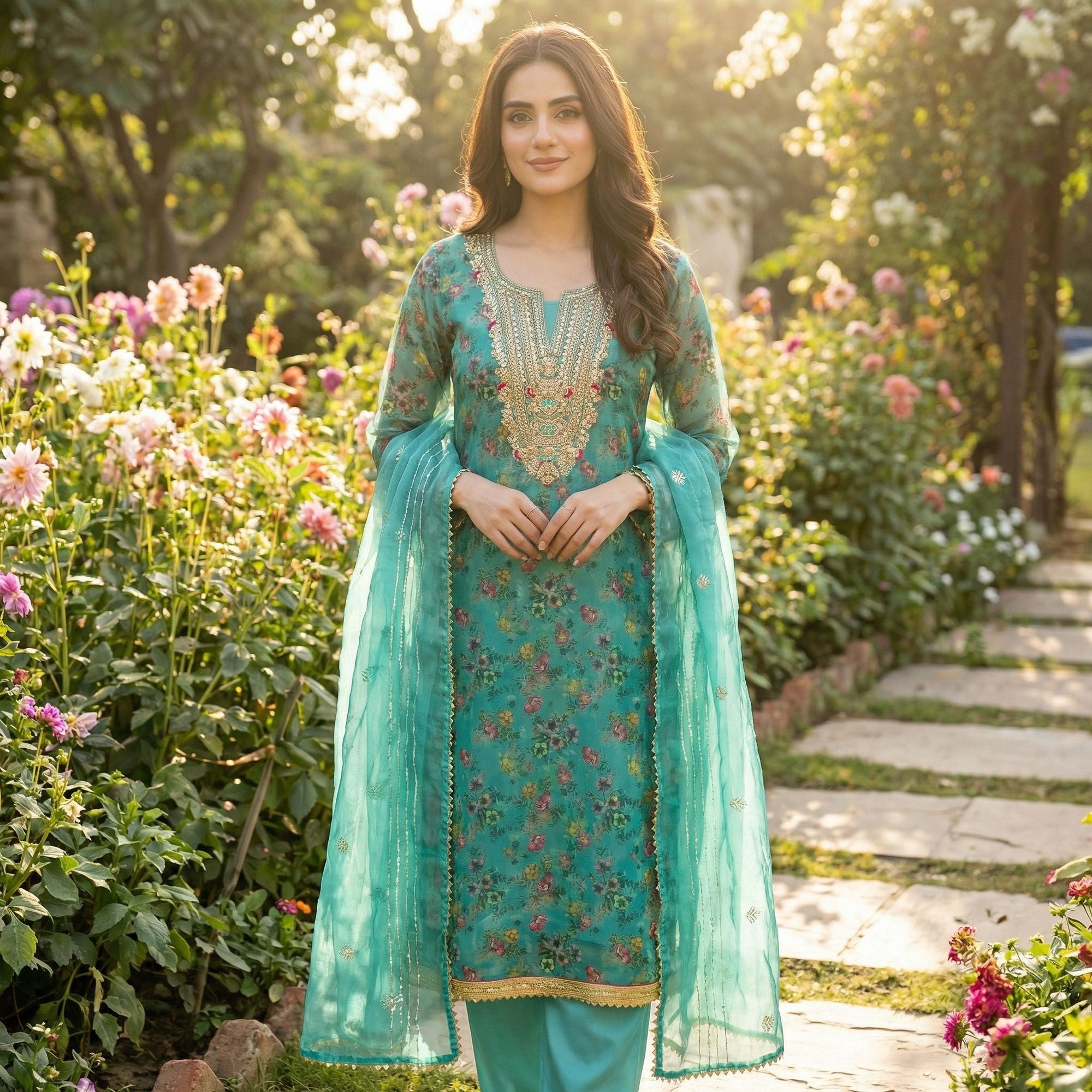 Classic Turquoise Floral Digital Printed Organza Dress Material With Designer Cording Embroidery - Image 1