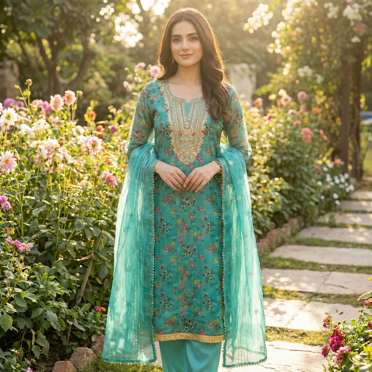 Classic Turquoise Floral Digital Printed Organza Dress Material With Designer Cording Embroidery - Image 1