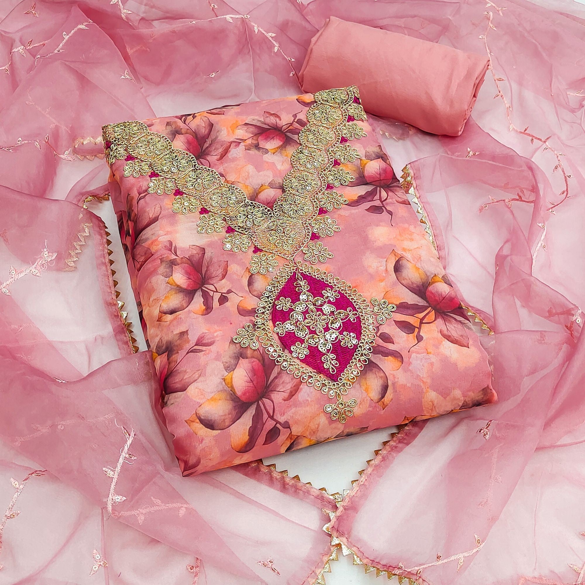 Pink Floral Digital Printed Organza Dress Material Featuring Exquisite Cording Embroidery Work - Image 1