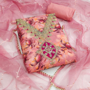 Pink Floral Digital Printed Organza Dress Material Featuring Exquisite Cording Embroidery Work - Image 2