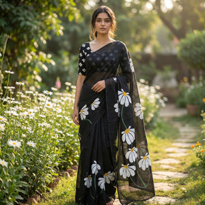 Graceful Black Linen Cotton Saree with Stylish Floral Prints for Effortless Elegance - Image 1