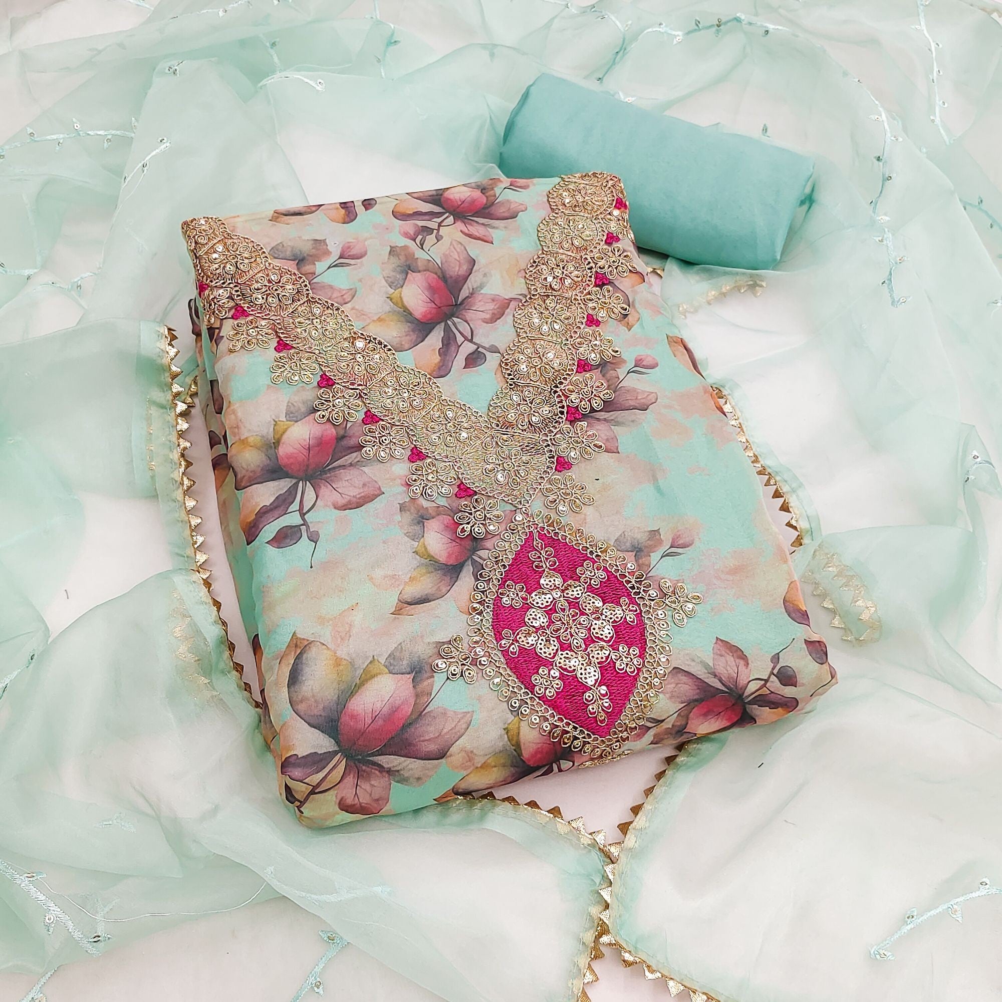 Turquoise Floral Digital Printed Organza Dress Material Featuring Exquisite Cording Embroidery Work - Image 1