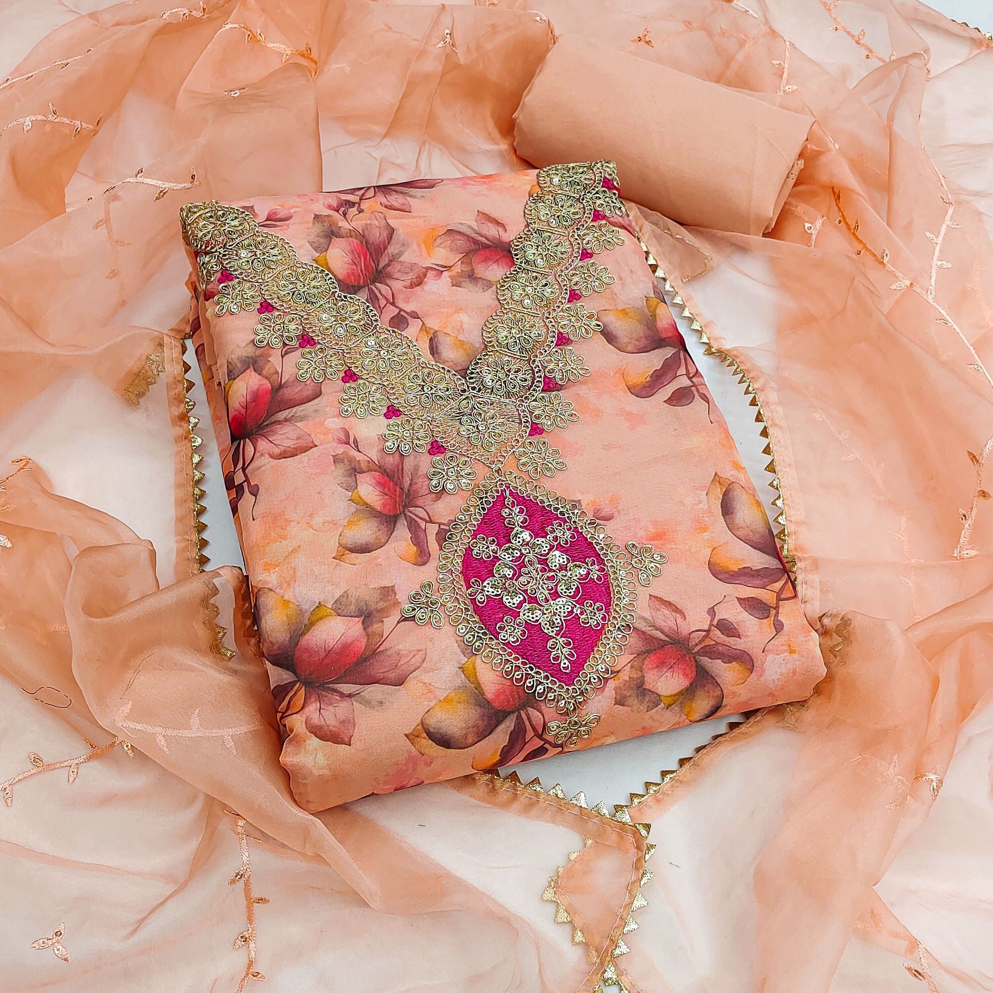 Peach Floral Digital Printed Organza Dress Material Featuring Exquisite Cording Embroidery Work - Image 1