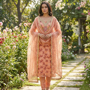 Peach Floral Digital Printed Organza Dress Material Featuring Exquisite Cording Embroidery Work - Image 1