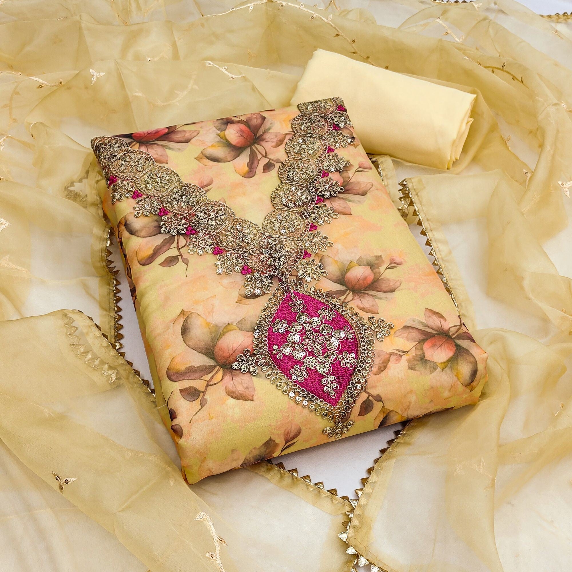 Yellow Floral Digital Printed Organza Dress Material Featuring Exquisite Cording Embroidery Work - Image 1