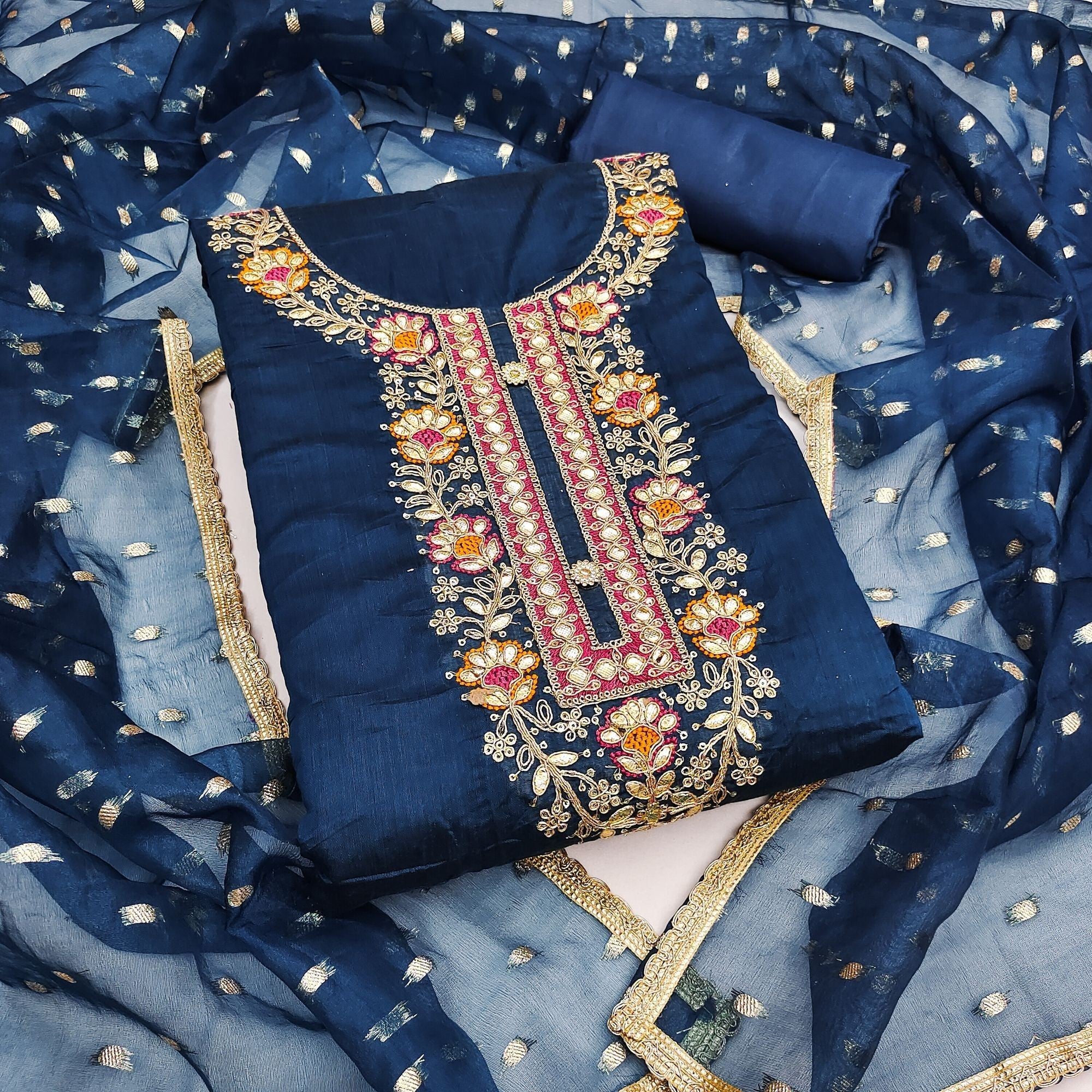 Navy Blue Chanderi Silk Dress Material Showcasing Floral Embroidery & Artisanal Gota Patti Work - Image 4