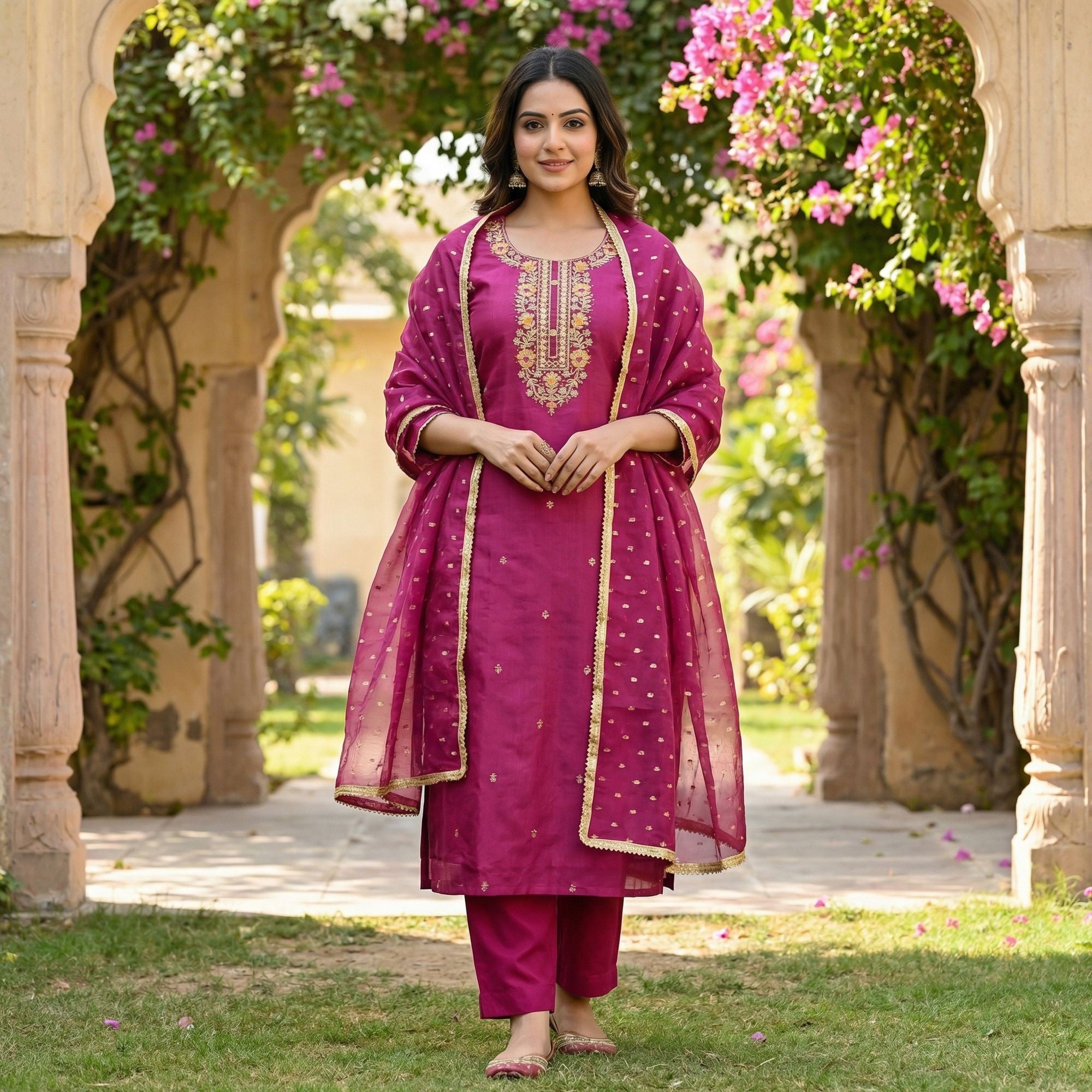 Rani Pink Chanderi Silk Dress Material Showcasing Floral Embroidery & Artisanal Gota Patti Work - Image 3