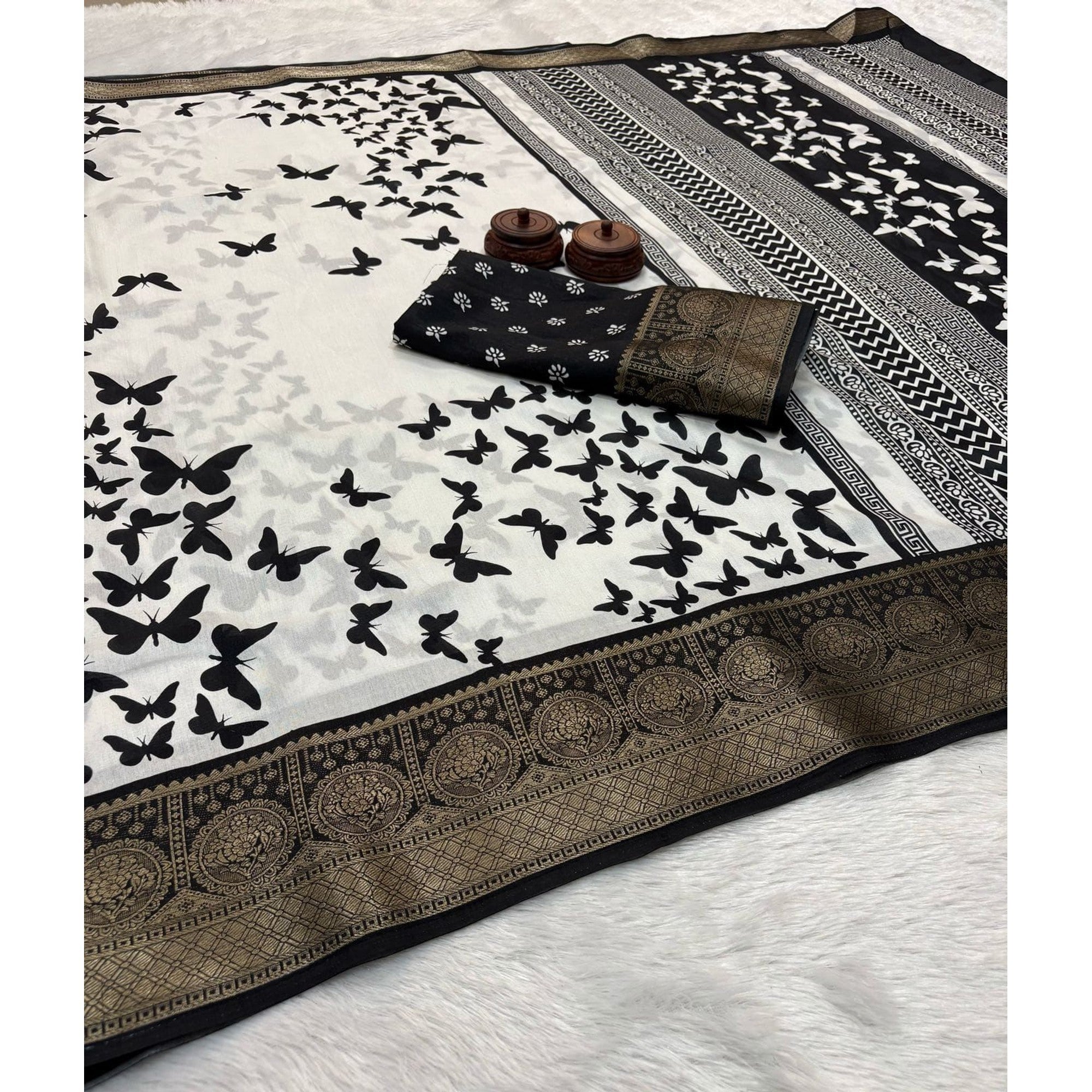 Elegant White Printed Dola Silk Saree Accented With A Floral Woven Border - Image 4