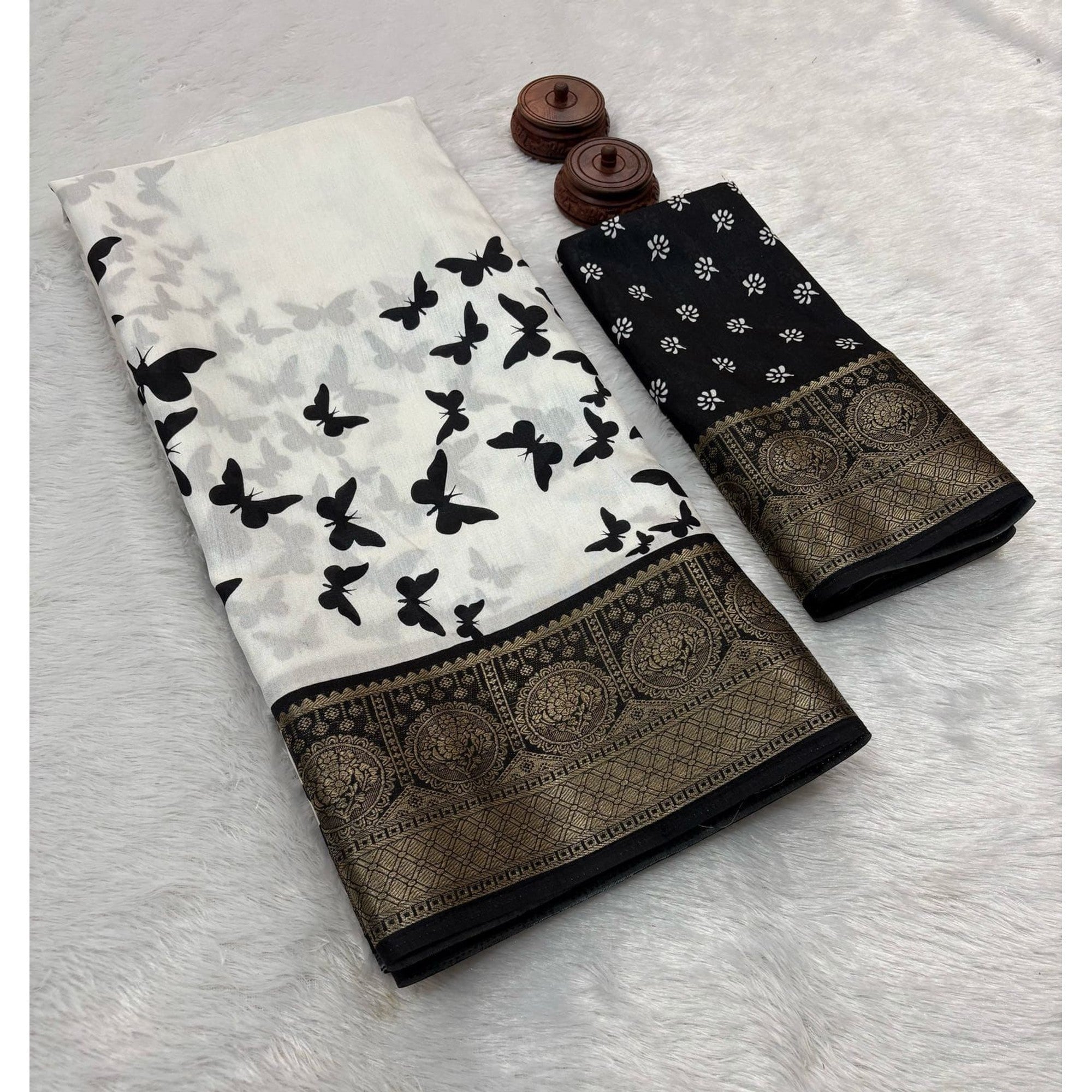 Elegant White Printed Dola Silk Saree Accented With A Floral Woven Border - Image 2