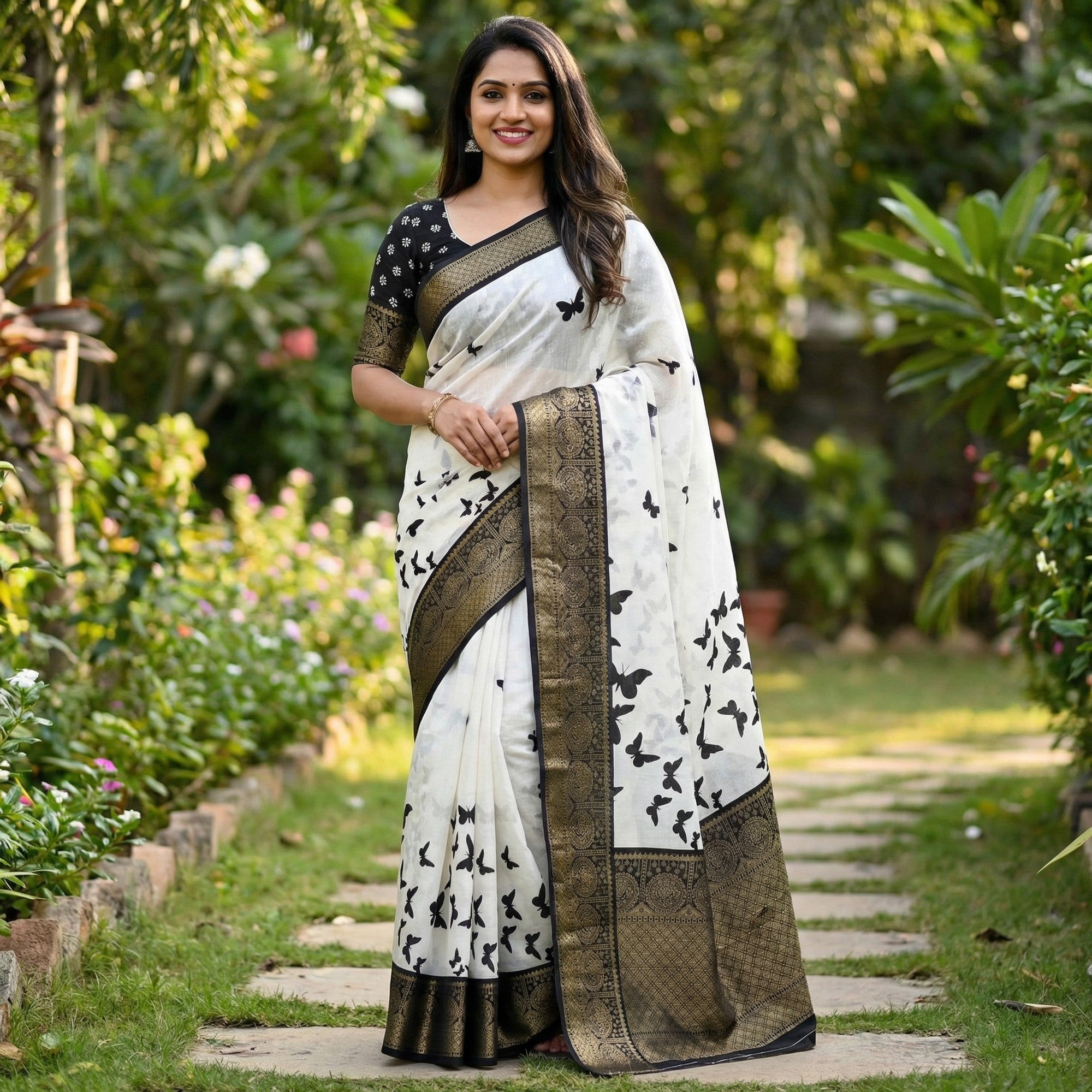 Elegant White Printed Dola Silk Saree Accented With A Floral Woven Border - Image 6