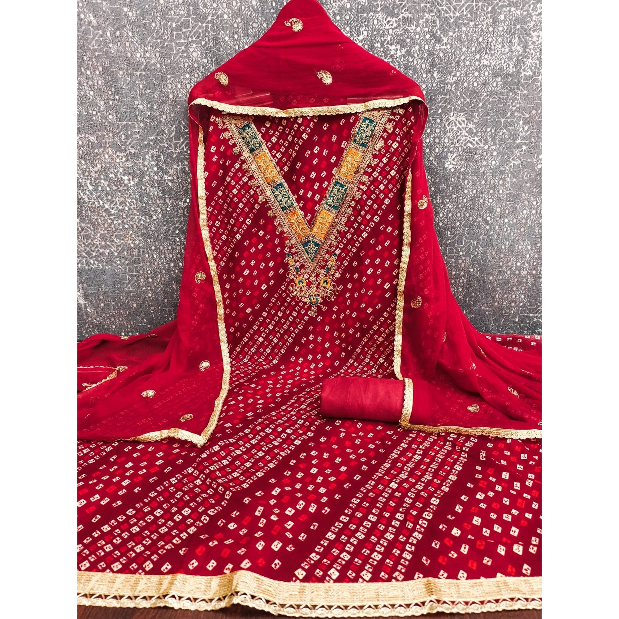 Traditional Red Bandhani Printed Rayon Dress Material Accented With Cording Embroidery Work - Image 3