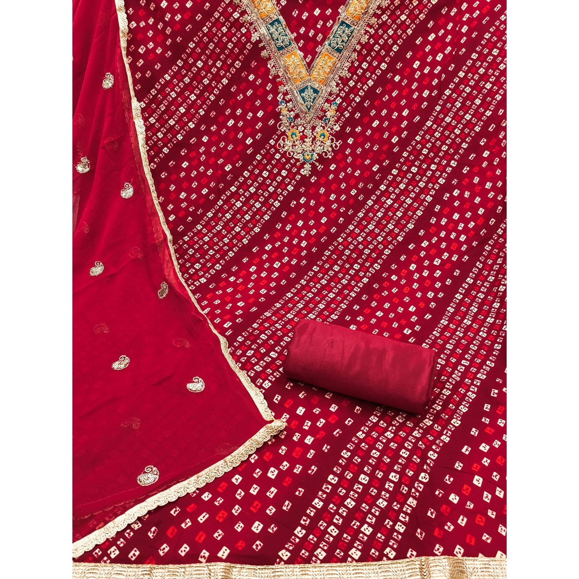 Traditional Red Bandhani Printed Rayon Dress Material Accented With Cording Embroidery Work - Image 4