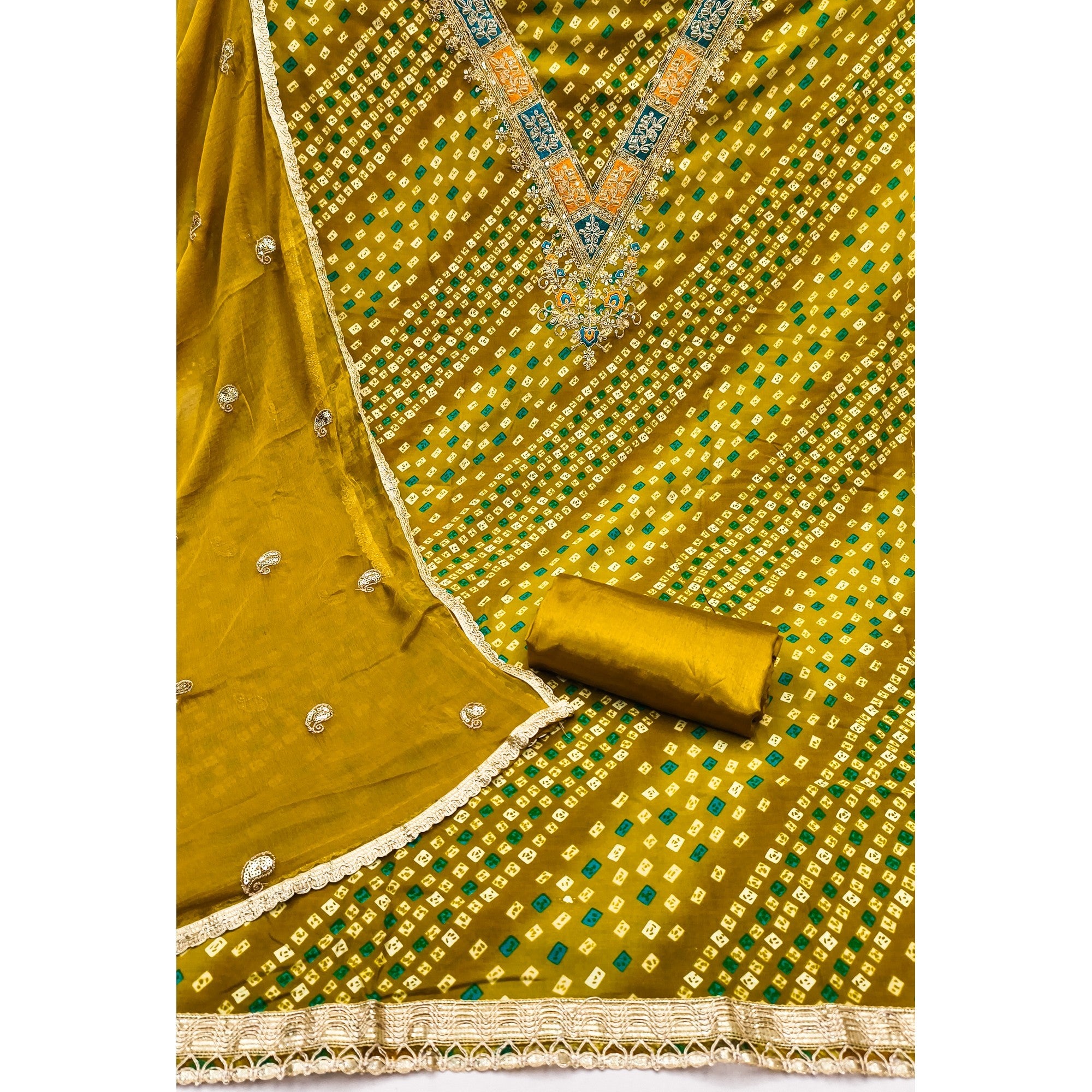 Traditional Mustard Bandhani Printed Rayon Dress Material Accented With Cording Embroidery Work - Image 4