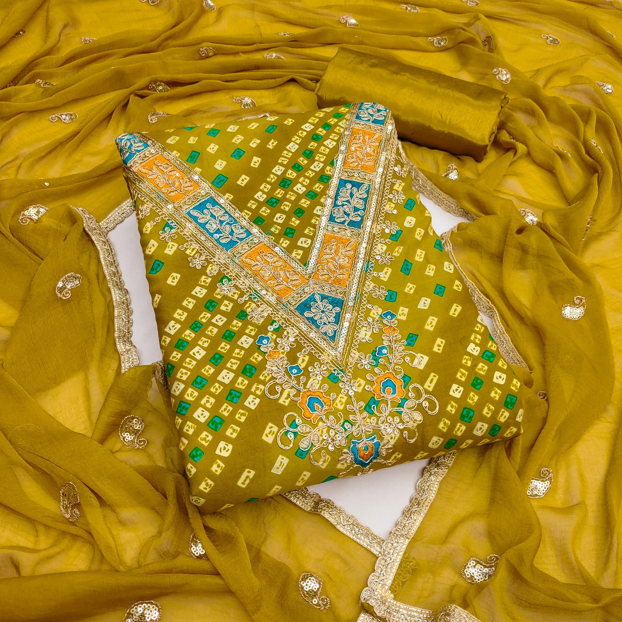 Traditional Mustard Bandhani Printed Rayon Dress Material Accented With Cording Embroidery Work - Image 1