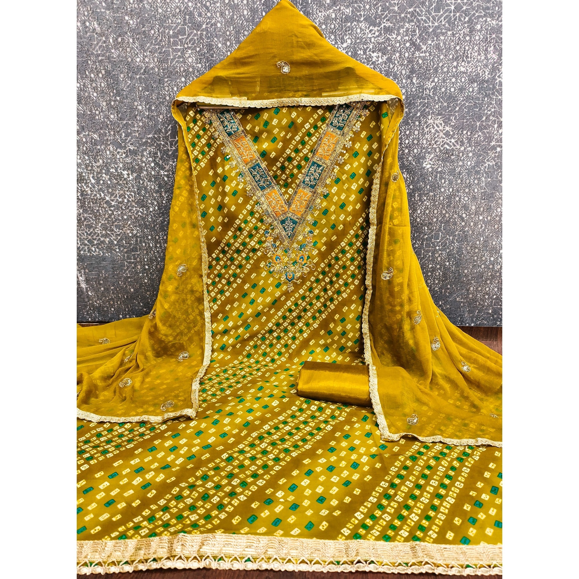Traditional Mustard Bandhani Printed Rayon Dress Material Accented With Cording Embroidery Work - Image 3