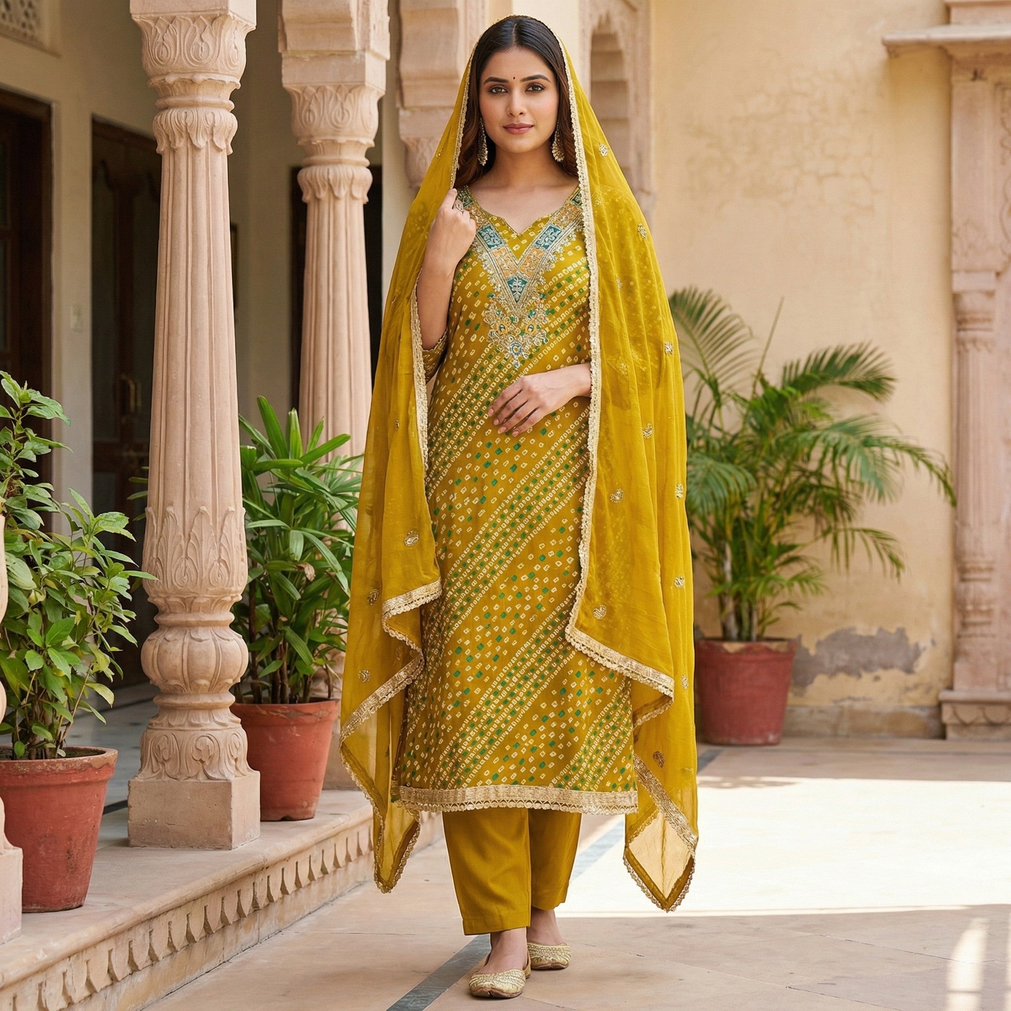 Traditional Mustard Bandhani Printed Rayon Dress Material Accented With Cording Embroidery Work - Image 2