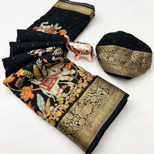 Black Printed Dola Silk Saree with Intricate Jacquard Woven Border for Festive Wear - Image 2